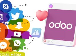 Odoo CRM dashboard with connected social media icons