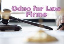 Odoo for Law Firms: How It Simplifies Case Management “A lawyer using Odoo’s Case Management Module on a laptop to manage client cases, documents, and billing in a law firm.”