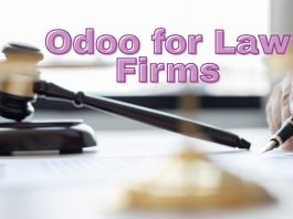 “A lawyer using Odoo’s Case Management Module on a laptop to manage client cases, documents, and billing in a law firm.”