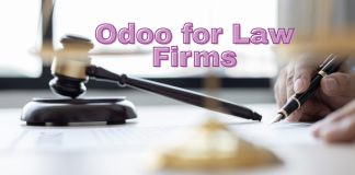 Odoo for Law Firms: How It Simplifies Case Management “A lawyer using Odoo’s Case Management Module on a laptop to manage client cases, documents, and billing in a law firm.”
