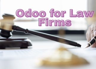 Odoo for Law Firms: How It Simplifies Case Management “A lawyer using Odoo’s Case Management Module on a laptop to manage client cases, documents, and billing in a law firm.”