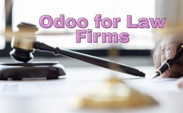 Odoo for Law Firms: How It Simplifies Case Management “A lawyer using Odoo’s Case Management Module on a laptop to manage client cases, documents, and billing in a law firm.”