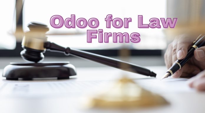Odoo for Law Firms: How It Simplifies Case Management “A lawyer using Odoo’s Case Management Module on a laptop to manage client cases, documents, and billing in a law firm.”