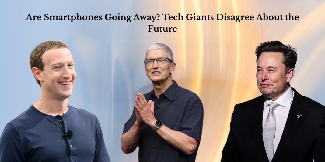 Illustration of a smartphone fading away as smart glasses and a brain chip appear beside it, symbolizing the future of communication technology.