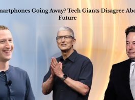 Illustration of a smartphone fading away as smart glasses and a brain chip appear beside it, symbolizing the future of communication technology.