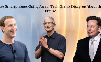 Are Smartphones Going Away? Tech Giants Disagree About the Future Illustration of a smartphone fading away as smart glasses and a brain chip appear beside it, symbolizing the future of communication technology.