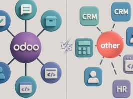 A side-by-side comparison chart of Odoo and other ERP systems on a laptop screen, showing features like pricing, usability, and flexibility.