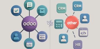 Odoo vs. Other ERP Systems: What Makes It Special? A side-by-side comparison chart of Odoo and other ERP systems on a laptop screen, showing features like pricing, usability, and flexibility.