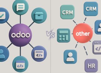 Odoo vs. Other ERP Systems: What Makes It Special? A side-by-side comparison chart of Odoo and other ERP systems on a laptop screen, showing features like pricing, usability, and flexibility.