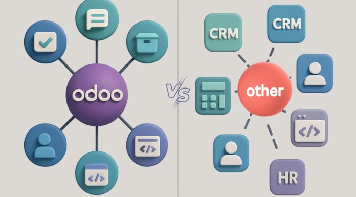 Odoo vs. Other ERP Systems: What Makes It Special? A side-by-side comparison chart of Odoo and other ERP systems on a laptop screen, showing features like pricing, usability, and flexibility.