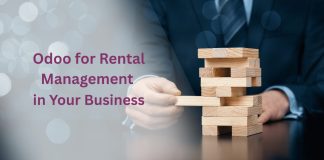 Benefits of Using Odoo for Rental Management in Your Business Business owner using Odoo’s Rental Management Module on a laptop to manage bookings and track rented items