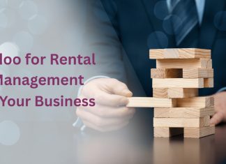 Benefits of Using Odoo for Rental Management in Your Business Business owner using Odoo’s Rental Management Module on a laptop to manage bookings and track rented items