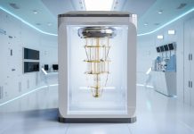 The Race to Build a 1000-Qubit Quantum Computer by 2031 — A Glimpse into the Future of Supercomputing “Futuristic quantum computer glowing with data lines, representing a 1,000-qubit breakthrough by 2031”