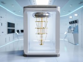 “Futuristic quantum computer glowing with data lines, representing a 1,000-qubit breakthrough by 2031”