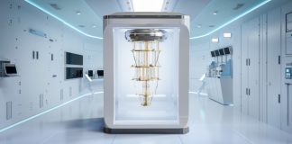 The Race to Build a 1000-Qubit Quantum Computer by 2031 — A Glimpse into the Future of Supercomputing “Futuristic quantum computer glowing with data lines, representing a 1,000-qubit breakthrough by 2031”