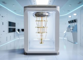 The Race to Build a 1000-Qubit Quantum Computer by 2031 — A Glimpse into the Future of Supercomputing “Futuristic quantum computer glowing with data lines, representing a 1,000-qubit breakthrough by 2031”