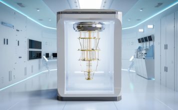 The Race to Build a 1000-Qubit Quantum Computer by 2031 — A Glimpse into the Future of Supercomputing “Futuristic quantum computer glowing with data lines, representing a 1,000-qubit breakthrough by 2031”