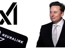 “Illustration of Elon Musk with digital brain and AI interface icons representing xAI and Neuralink future tech.”