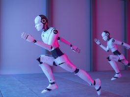 “Modern humanoid robot developed by a Chinese startup walking in a tech expo, surrounded by a crowd”
