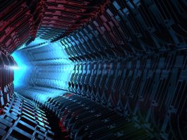 A glowing electron zipping through a barrier, representing the speed of quantum tunneling