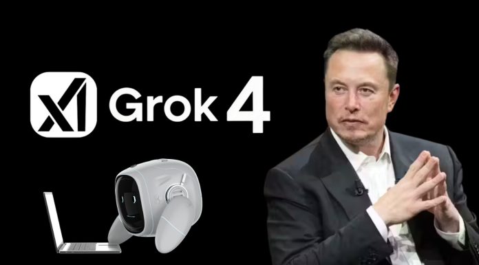 Grok 4: Elon Musk’s New AI Chatbot That’s Smarter, Safer, and Ready to Talk A sleek digital illustration of Grok 4 chatbot with glowing eyes on a laptop screen, symbolizing advanced conversation and AI learning in real-time.