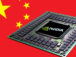 “NVIDIA AI chip illustration with global map showing tech trade tensions between USA and China”