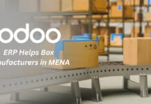 Smart Packaging, Smarter Systems: How Odoo ERP Helps Box Manufacturers in MENA "Factory worker managing packaging production using Odoo ERP dashboard – tracking BOM, stock, and RFQ."
