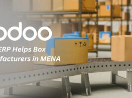 "Factory worker managing packaging production using Odoo ERP dashboard – tracking BOM, stock, and RFQ."