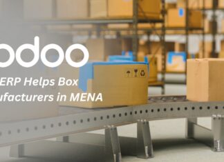 Smart Packaging, Smarter Systems: How Odoo ERP Helps Box Manufacturers in MENA "Factory worker managing packaging production using Odoo ERP dashboard – tracking BOM, stock, and RFQ."