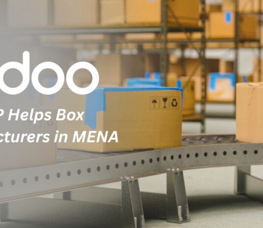 Smart Packaging, Smarter Systems: How Odoo ERP Helps Box Manufacturers in MENA "Factory worker managing packaging production using Odoo ERP dashboard – tracking BOM, stock, and RFQ."
