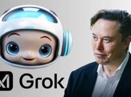 Illustration of a child happily interacting with an AI chatbot named Baby Grok on a tablet screen, symbolizing fun and safe learning