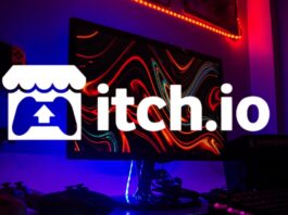 “A laptop displaying indie game thumbnails on Itch.io with a warning label marked NSFW removed from screen.”