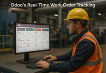 Late Deliveries Again? Here’s How Odoo’s Real-Time Work Order Tracking Fixes That Factory workers tracking production in real time using Odoo ERP dashboards and Gantt charts
