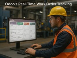 Factory workers tracking production in real time using Odoo ERP dashboards and Gantt charts