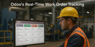 Late Deliveries Again? Here’s How Odoo’s Real-Time Work Order Tracking Fixes That Factory workers tracking production in real time using Odoo ERP dashboards and Gantt charts
