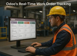 Late Deliveries Again? Here’s How Odoo’s Real-Time Work Order Tracking Fixes That Factory workers tracking production in real time using Odoo ERP dashboards and Gantt charts