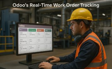 Late Deliveries Again? Here’s How Odoo’s Real-Time Work Order Tracking Fixes That Factory workers tracking production in real time using Odoo ERP dashboards and Gantt charts
