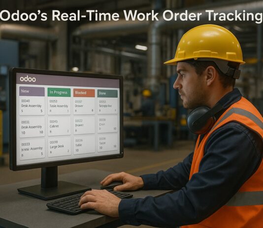 Late Deliveries Again? Here’s How Odoo’s Real-Time Work Order Tracking Fixes That Factory workers tracking production in real time using Odoo ERP dashboards and Gantt charts