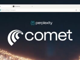 Browser window showing Comet's task automation and context features