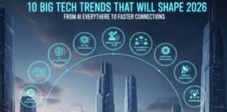 10 Big Tech Trends That Will Shape 2026 — From AI Everywhere to Faster Connections. Illustration showing future technology trends in 2026, including AI, robotics, smart devices, faster networks, and digital innovation shaping everyday life.