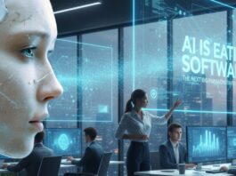 Conceptual illustration showing AI consuming traditional software layers, symbolizing the shift from rule-based software to AI-driven intelligence.