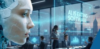 AI Is Eating Software: The Next Big Paradigm Shift in Technology Conceptual illustration showing AI consuming traditional software layers, symbolizing the shift from rule-based software to AI-driven intelligence.