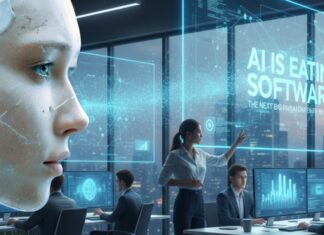 AI Is Eating Software: The Next Big Paradigm Shift in Technology Conceptual illustration showing AI consuming traditional software layers, symbolizing the shift from rule-based software to AI-driven intelligence.