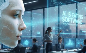 AI Is Eating Software: The Next Big Paradigm Shift in Technology Conceptual illustration showing AI consuming traditional software layers, symbolizing the shift from rule-based software to AI-driven intelligence.