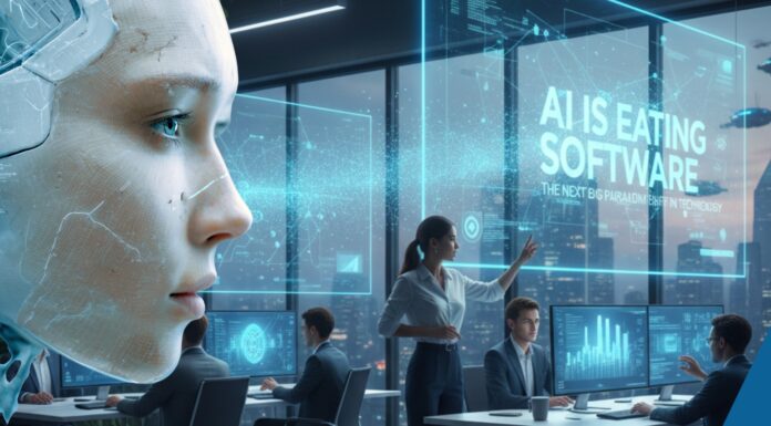 AI Is Eating Software: The Next Big Paradigm Shift in Technology Conceptual illustration showing AI consuming traditional software layers, symbolizing the shift from rule-based software to AI-driven intelligence.