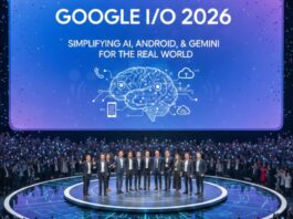 Google I/O 2026 keynote stage showcasing AI announcements focused on Gemini and Android ecosystem integration.
