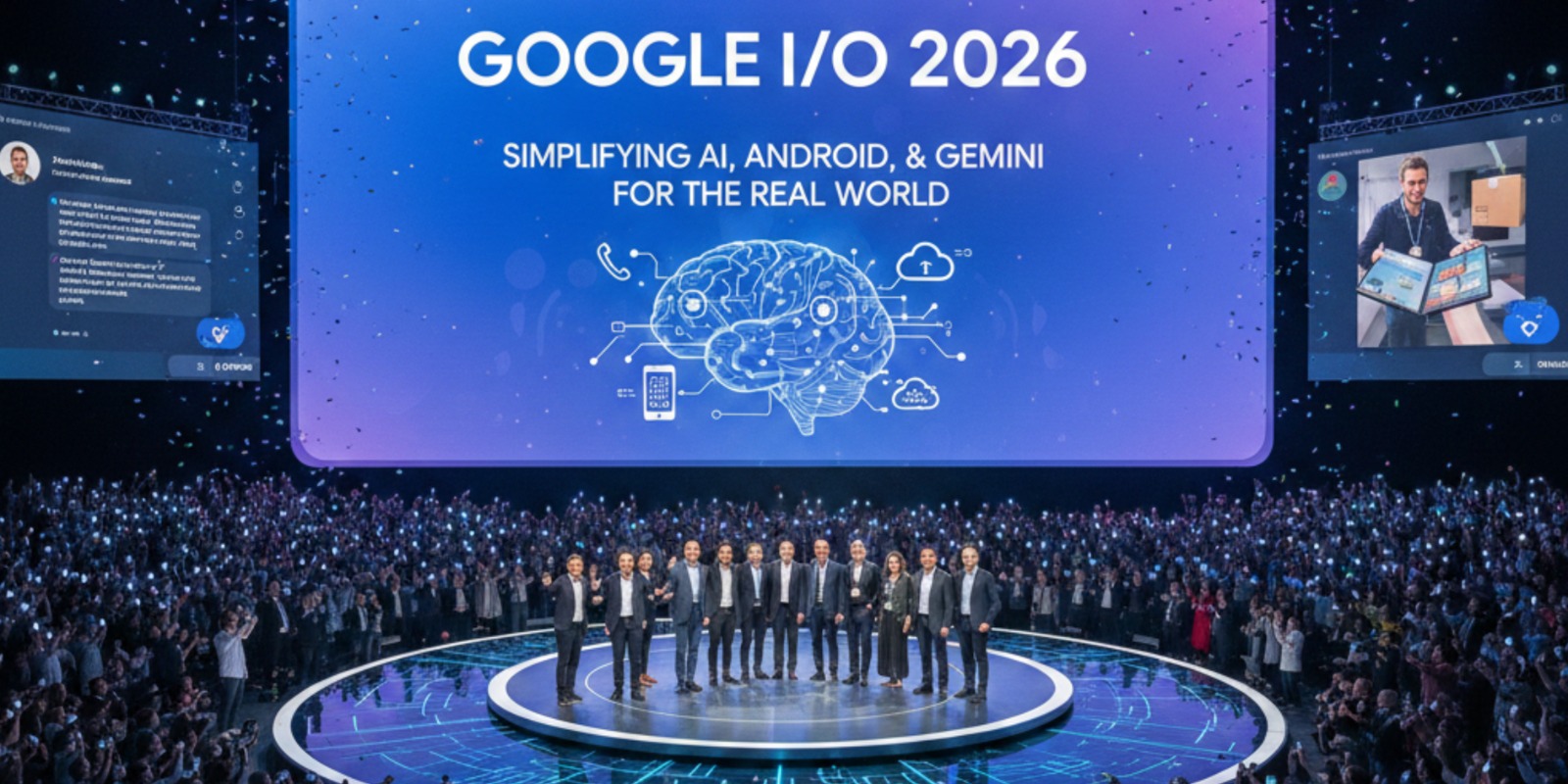 Google I/O 2026 keynote stage showcasing AI announcements focused on Gemini and Android ecosystem integration. Google I/O 2026 keynote stage showcasing AI announcements focused on Gemini and Android ecosystem integration.