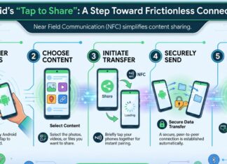 Android’s “Tap to Share”: A Step Toward Frictionless Connectivity Android smartphone demonstrating tap-to-share file transfer feature using proximity, enabling instant data sharing between two devices similar to iPhone AirDrop.