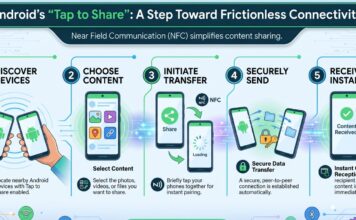 Android’s “Tap to Share”: A Step Toward Frictionless Connectivity Android smartphone demonstrating tap-to-share file transfer feature using proximity, enabling instant data sharing between two devices similar to iPhone AirDrop.