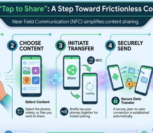 Android’s “Tap to Share”: A Step Toward Frictionless Connectivity Android smartphone demonstrating tap-to-share file transfer feature using proximity, enabling instant data sharing between two devices similar to iPhone AirDrop.